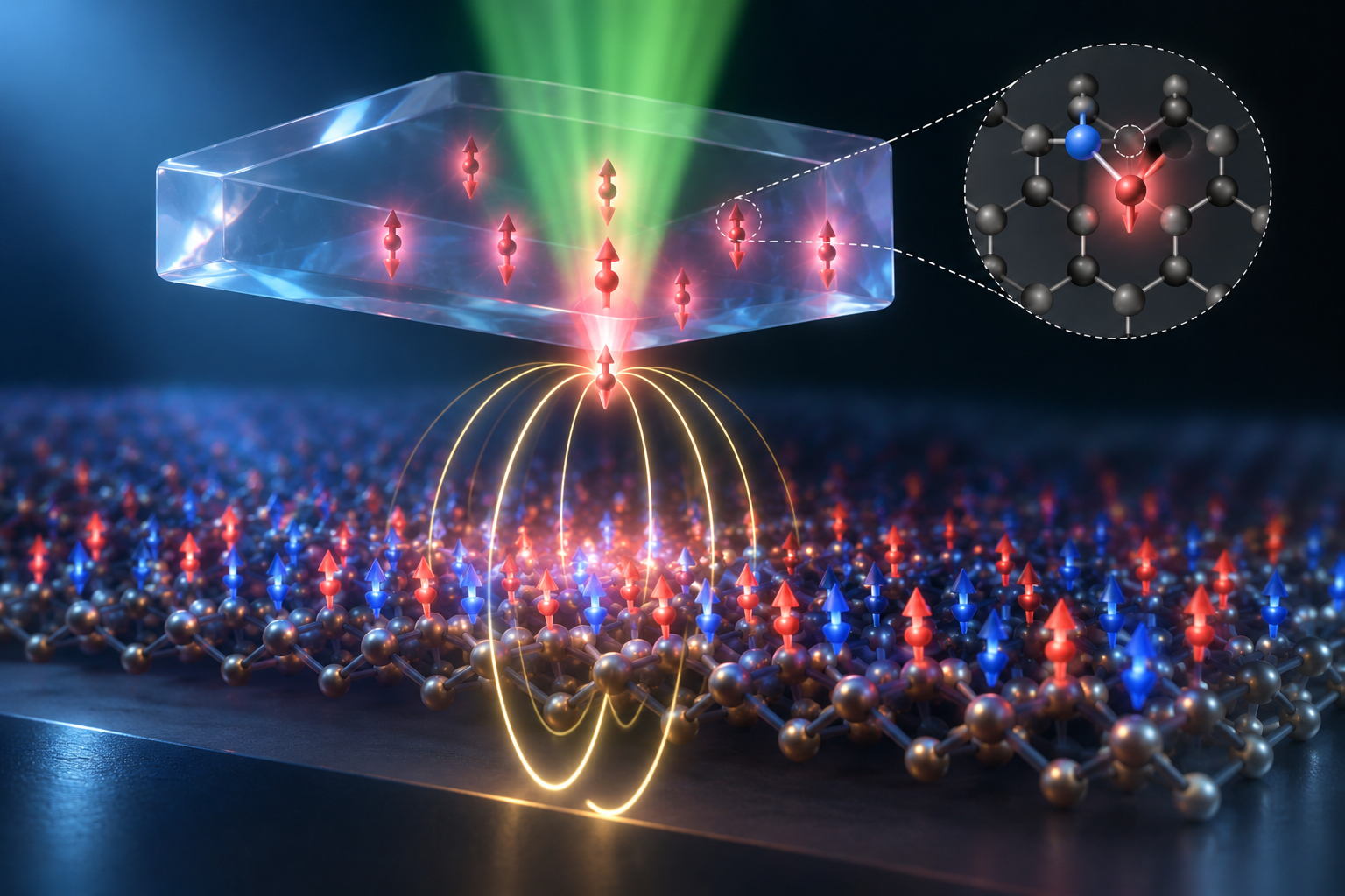 Illustration of nitrogen-vacancy magnetometry. A diamond slab holding NV spins is held above a magnetically ordered sample; a green laser excites the NV centers and red fluorescence is emitted, while field lines run from one NV center down to the alternating red and blue spins of the sample below. An inset shows the NV defect itself — a nitrogen atom beside a vacancy in the carbon lattice.