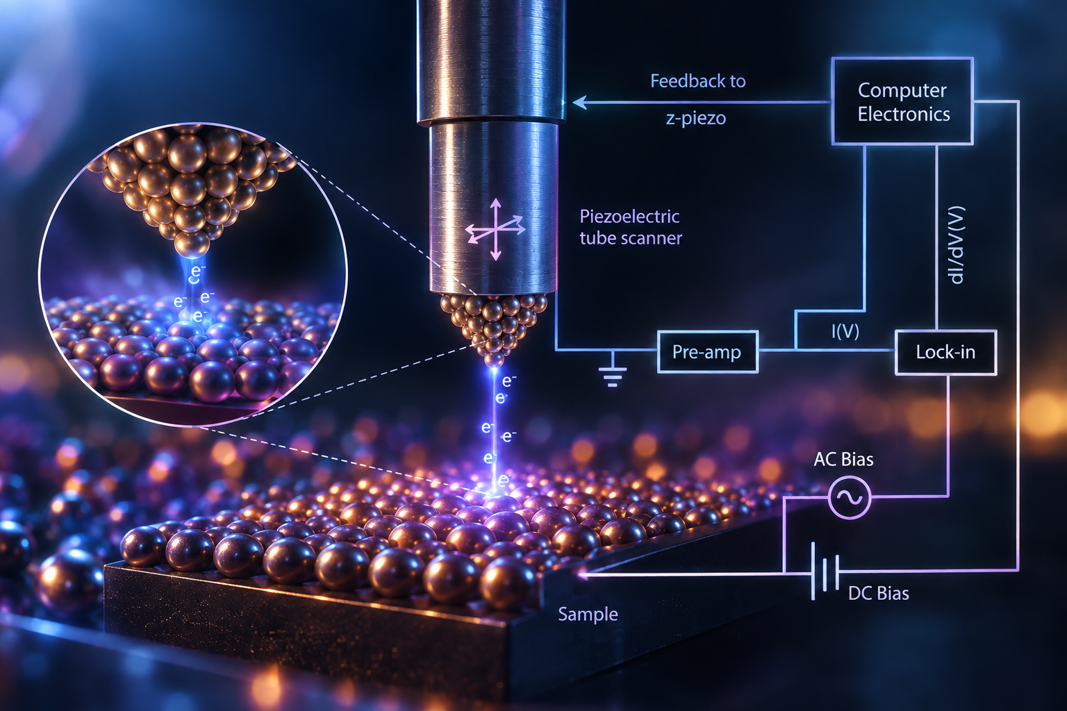 Illustration of a scanning tunneling microscope and its measurement circuit. A piezoelectric tube scanner holds a metal tip above a sample, with electrons tunneling across the gap; an inset magnifies the tip apex and the tunneling electrons. The circuit shows the tunneling current going through a pre-amplifier to a lock-in amplifier, which returns dI/dV to the computer electronics, and the electronics feeding back to the z-piezo, with AC and DC bias applied to the sample.