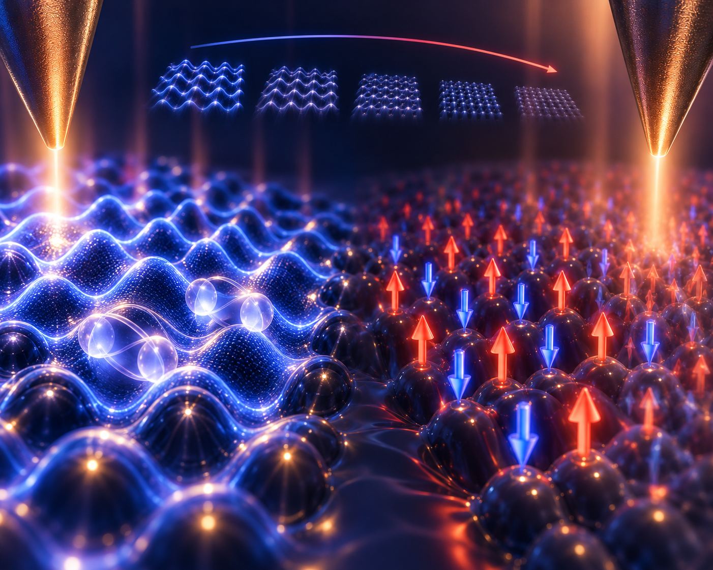Illustration of two scanning tunneling microscope tips above an atomic lattice. On the left the lattice carries a blue charge density wave modulation; on the right the atoms carry alternating red and blue spins of an antiferromagnetic order. Along the top, a sequence of panels shows the charge density wave progressively melting into an unmodulated lattice.