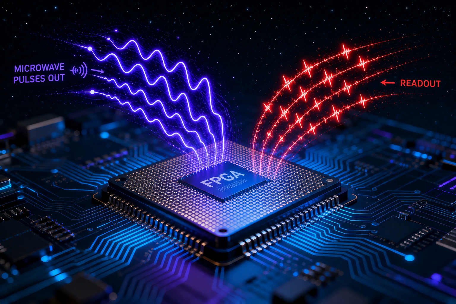 Illustration of an FPGA on a circuit board driving microwave pulse sequences out and receiving readout signals back
