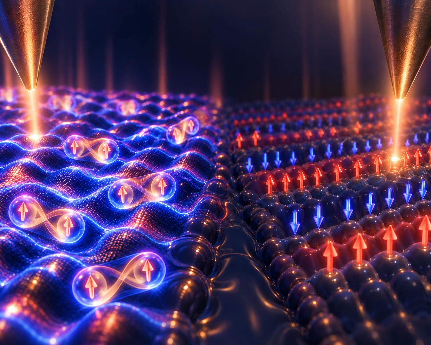 Illustration of two scanning tunneling microscope tips above an atomic lattice. On the left, spin-triplet pairs — paired red arrows held in translucent envelopes — sit on a lattice carrying a blue charge density wave modulation; on the right, the atoms carry stripes of alternating red and blue spins.