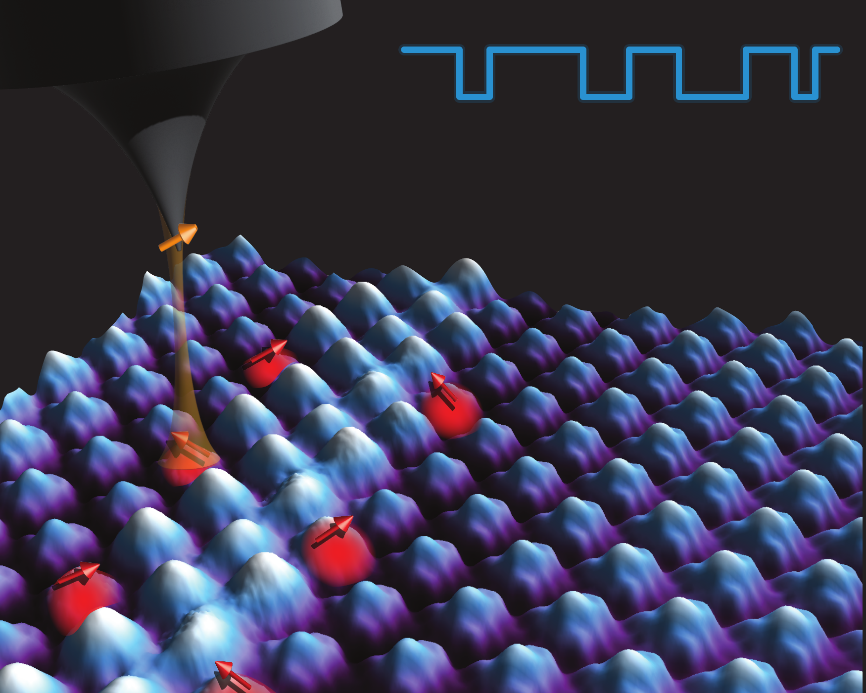 Illustration of a spin-polarized STM tip above an atomic lattice with fluctuating surface spins, and the resulting two-level telegraph signal in the tunneling current
